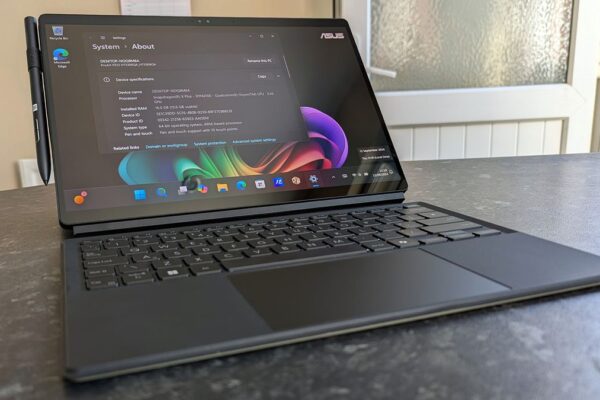 Windows 11 is about to get a LOT better at running apps under ARM64 ASUS ProArt PZ13 Copilot+ PC with a stylus attached and its screen open to the device's about page.