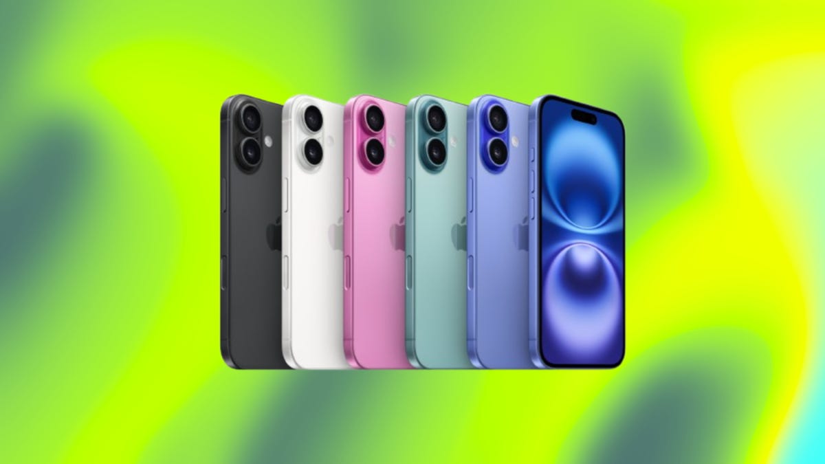 Six iphone 16 color variants displayed against  a dark green and chartreuse swirled abstract background