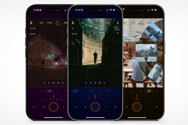 Three smartphone screens display a photography app interface. The screens show images of urban scenes with various settings visible, including a dimly lit street, a person in a tunnel, and people at a cafe. The app's controls and icons are also shown.