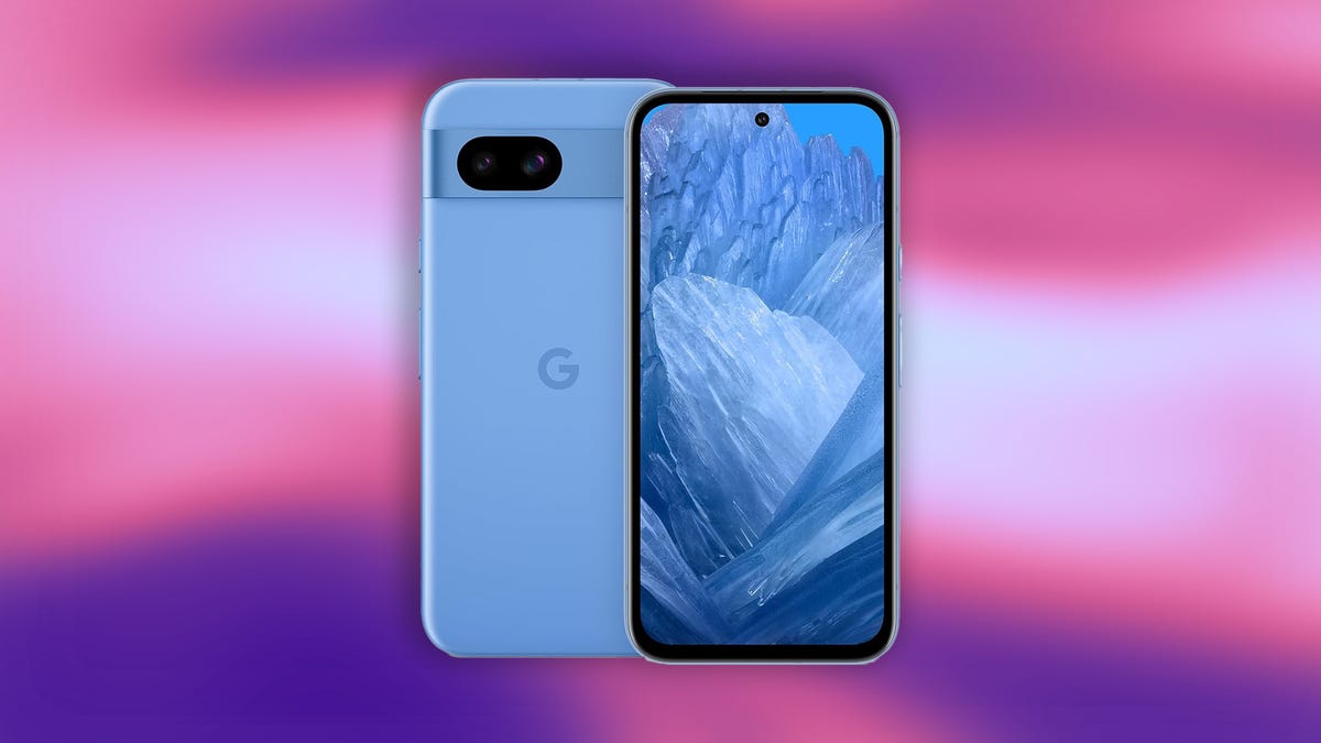 Blue Pixel 8A on CNET background