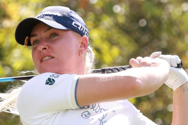 CINCINNATI, OH - SEPTEMBER 21: LPGA player Charley Hull plays her tee shot on the 18th hole during the third round of the Kroger Queen City Championship presented by P&G on September 21, 2024, at TPC River's Bend in Cincinnati, Ohio. (Photo by Brian Spurlock/Icon Sportswire) (Icon Sportswire via AP Images)
