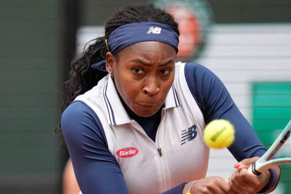 Coco Gauff of the U.S. plays a shot against Ukraine's Dayana Yastremska during their third round match of the French Open tennis tournament at the Roland Garros stadium in Paris, Friday, May 31, 2024. (AP Photo/Christophe Ena)