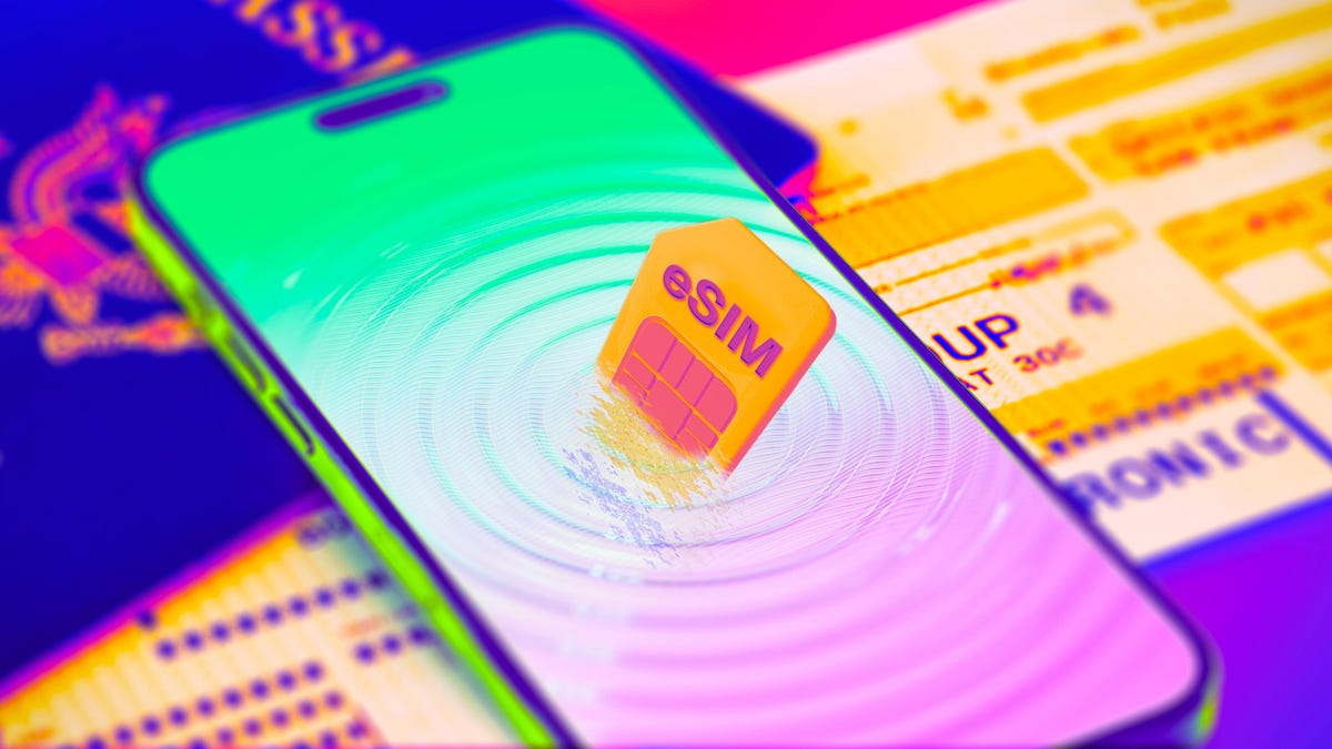 A graphic showing a phone screen turning into liquid ripples an an eSIM emerges