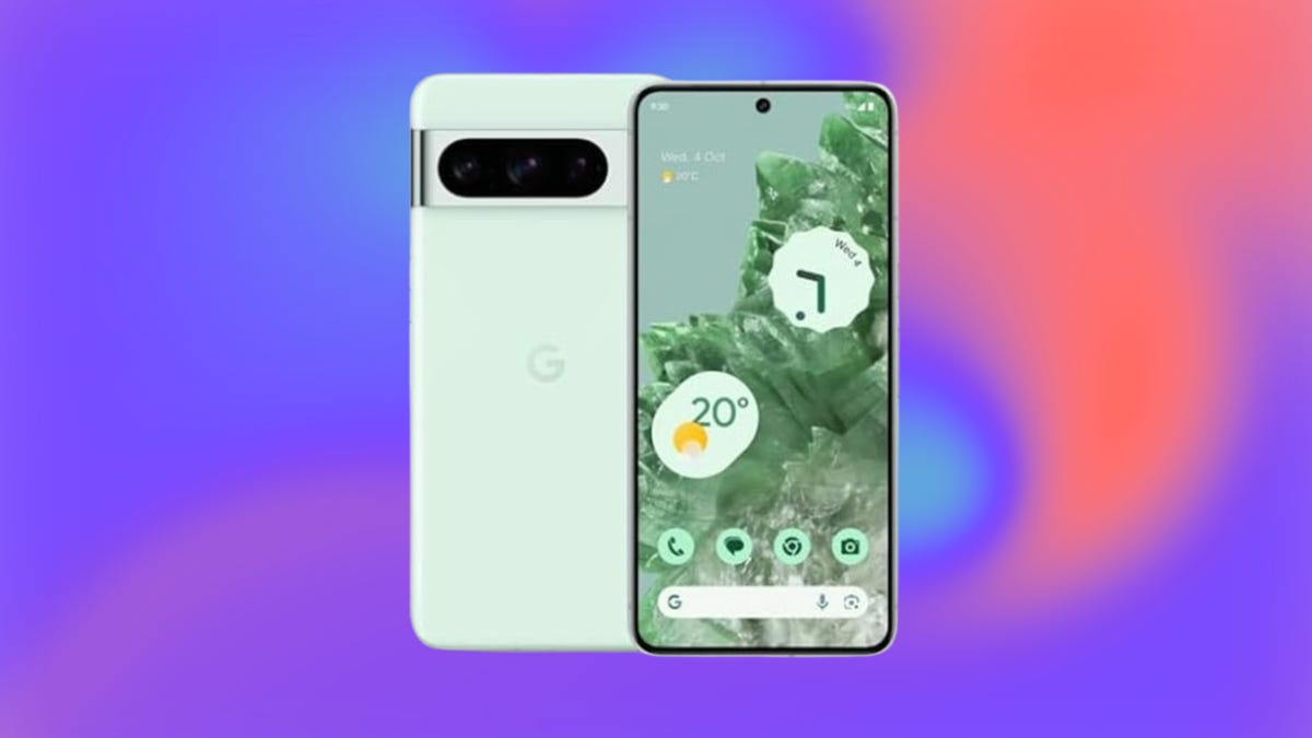 Google Pixel 8 Pro in mint against purple, salmon and blue background.