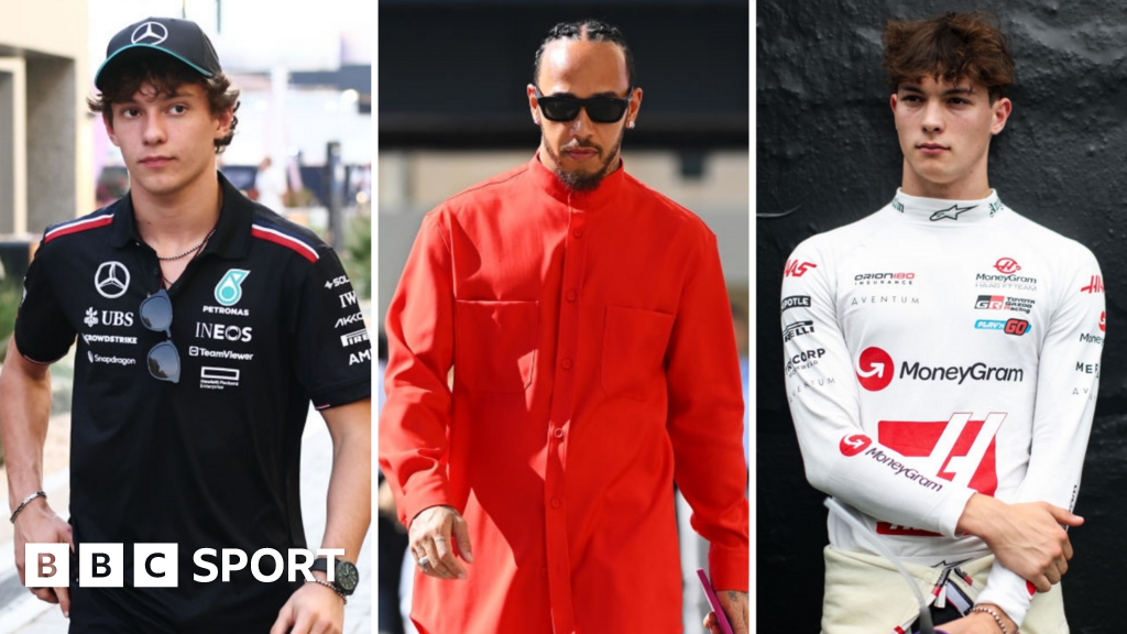 A split image of Andrea Kimi Antonelli, Lewis Hamilton and Oliver Bearman