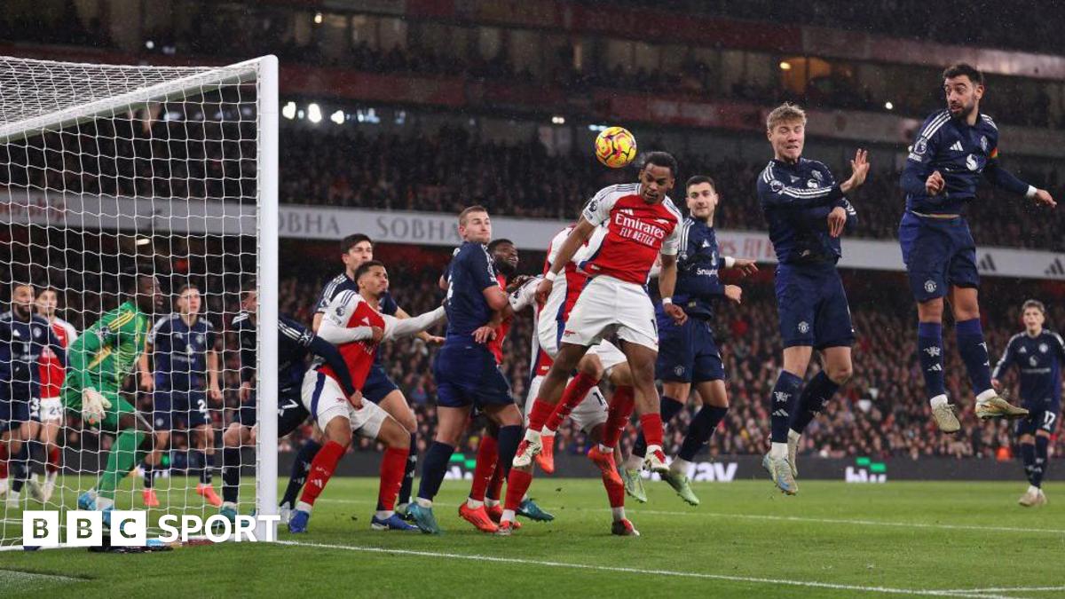 Gabriel scores a header in Arsenal's 2-0 Premier League victory over Manchester United