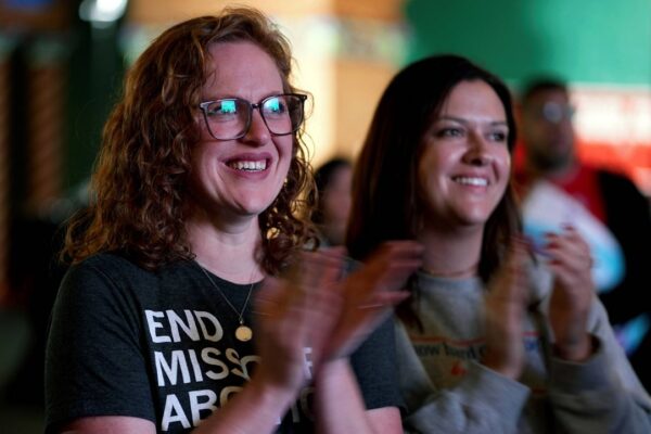 People only giving there first names Erika, left, and Leeann react after an abortion rights amendment to the Missouri constitution passed, Tuesday, Nov. 5, 2024, at a watch party in Kansas City, Mo. (AP Photo/Charlie Riedel, File)