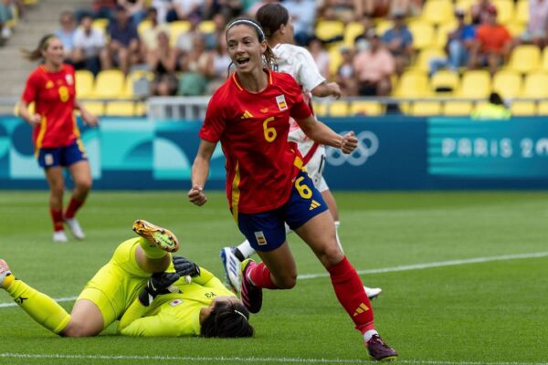 Spain's Aitana Bonmati celebrates after scoring a goal, during the women's Group C match between Spain and Japan, at La Beaujoire Stadium, during the 2024 Summer Olympics Thursday, July 25, 2024, in Nantes, France. (AP Photo/Jeremias Gonzalez, File)