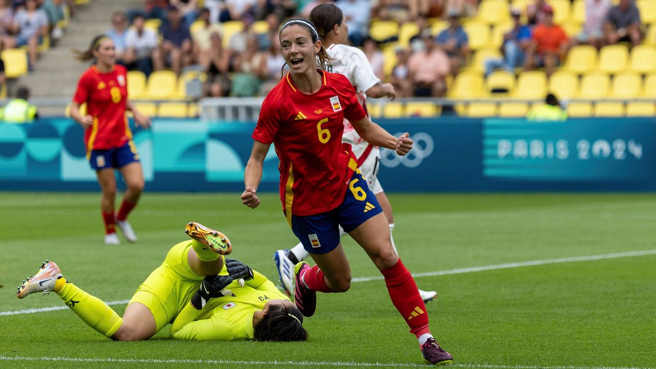 Spain's Aitana Bonmati celebrates after scoring a goal, during the women's Group C match between Spain and Japan, at La Beaujoire Stadium, during the 2024 Summer Olympics Thursday, July 25, 2024, in Nantes, France. (AP Photo/Jeremias Gonzalez, File)