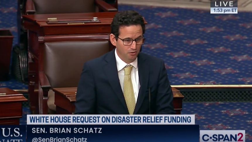 U.S. Sen. Brian Schatz took to the Senate floor on Wednesday to urge Congress to approve new disaster relief funding. (Photo courtesy of the Office of U.S. Sen. Brian Schatz)