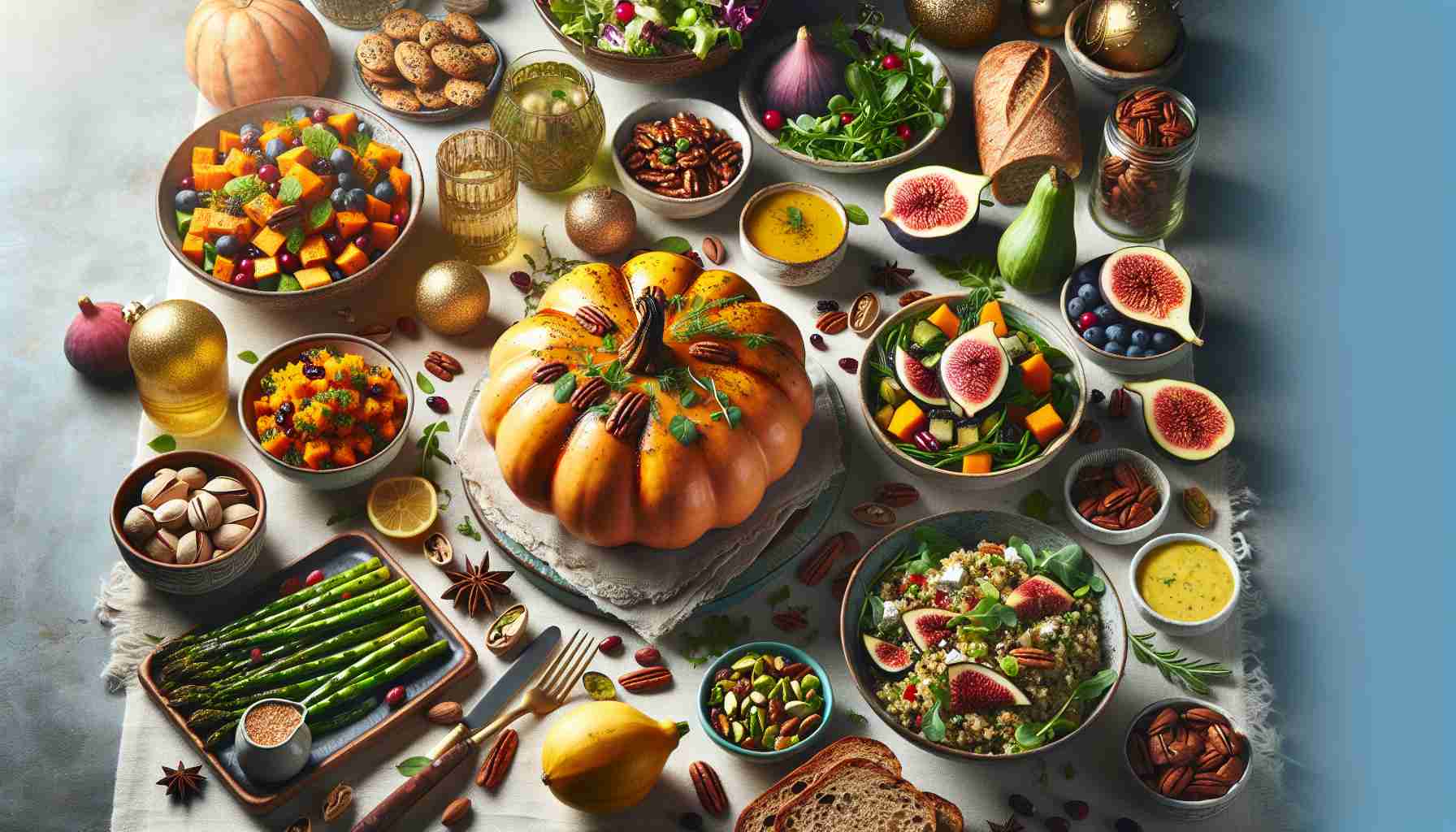 Create a high-definition realistic image showcasing a healthy holiday feast. Include a colorful display of foods rich in vitamins and nutrients. In the center, place a roasted butternut squash adorned with fresh herbs. Surround it with side dishes like sweet potato salad with pecans, a vibrant green salad with cranberries, figs, and gorgonzola, a bowl of lemon-scented quinoa with pistachios and arugula, and a plate of grilled asparagus with a light vinaigrette. Have a variety of juicy fruit slices looking vibrantly fresh and a plate of whole grain bread rolls to complement the feast. Don't forget to include festive decorations sprinkled around the food, like glittering ornaments and candles for a cozy holiday ambience.