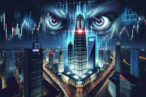 Create a high definition, photorealistic image that symbolizes a major event in the technology world. The focus of the image is a tech giant from China who's focusing on a crucial stock market listing. The image can include a large imposing tower symbolic of the tech mammoth, with a pair of huge eyes on the tower, representing its strong focus on the stock listing. Include dramatic lighting, the hustle and bustle of a stock exchange floor, and an overlay of abstract tech and financial graphs to emphasize the intense, high-stakes atmosphere.