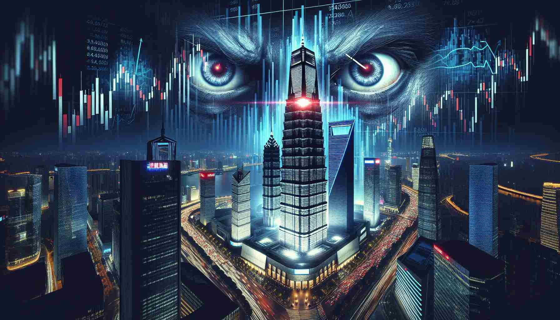 Create a high definition, photorealistic image that symbolizes a major event in the technology world. The focus of the image is a tech giant from China who's focusing on a crucial stock market listing. The image can include a large imposing tower symbolic of the tech mammoth, with a pair of huge eyes on the tower, representing its strong focus on the stock listing. Include dramatic lighting, the hustle and bustle of a stock exchange floor, and an overlay of abstract tech and financial graphs to emphasize the intense, high-stakes atmosphere.