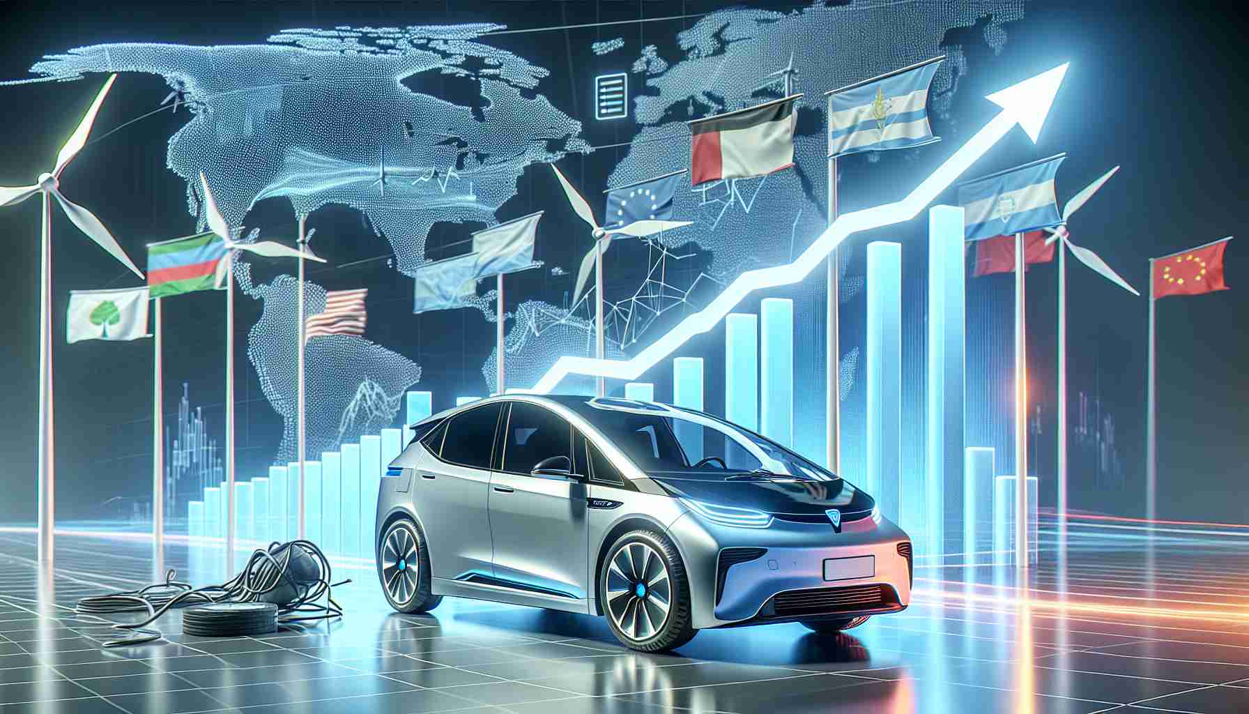 A realistic and high-definition image representing the upsurge of a generic electric vehicle company's stock. Visualize a stock market chart symbolizing rising prices, along with a sleek electric vehicle that's representative of technological advancement. Also, subtly allude to major shifts in global policies favoring renewable energy and clean technology in the background, perhaps through flags with icons of wind turbines and solar panels. The scene should evoke a new era of growth and opportunity.