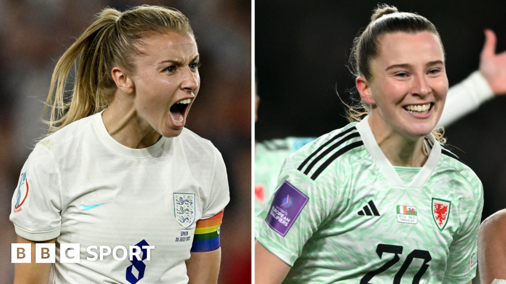 Leah Williamson of England and Carrie Jones of Wales celebrate - collated image