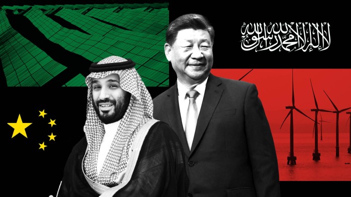 Montage of Mohammed bin Salman and Xi Jinping with elements of the Chinese and Saudi Arabian flags in the background and red and green hued images of solar panels and wind turbines