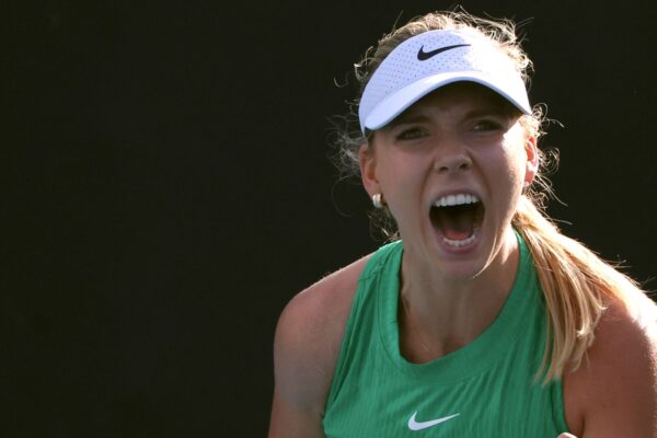 Katie Boulter of Britain reacts after winning a point against Yuan Yue of China during their first round match at the Australian Open tennis championships at Melbourne Park, Melbourne, Australia, Tuesday, Jan. 16, 2024. (AP Photo/Asanka Brendon Ratnayake)