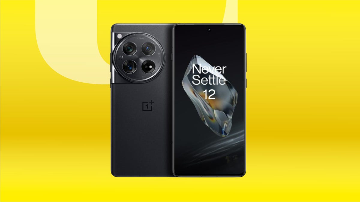 Black OnePlus 12 phone against yellow gradient background