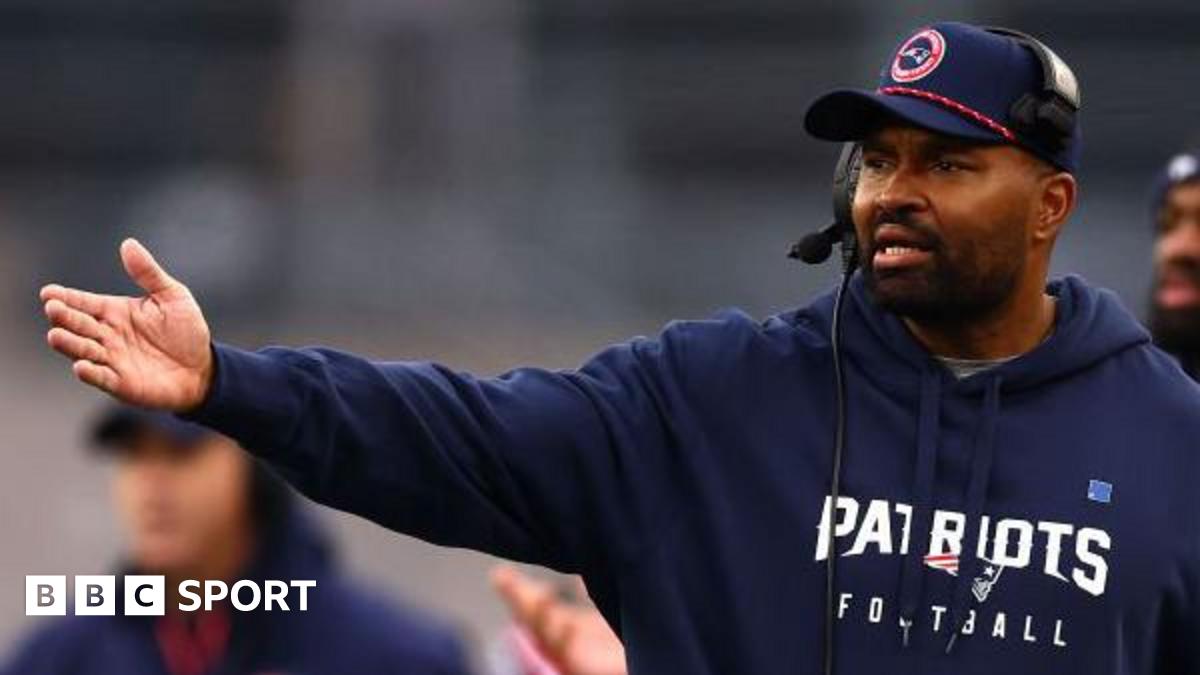 New England Patriots head coach Jerod Mayo points to the field during a game against the Los Angeles Chargers