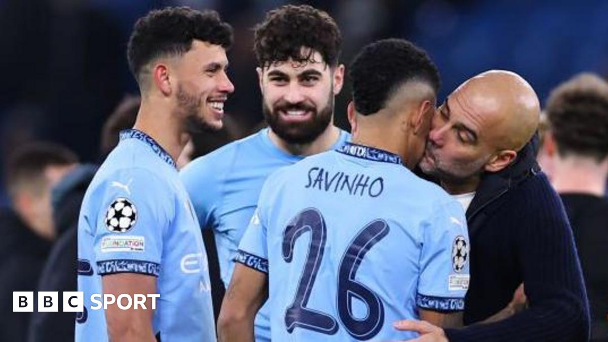 Manager Pep Guardiola plants a kiss on Savinho after his goal helped Manchester City into the Champions League play-offs with victory over Club Brugge