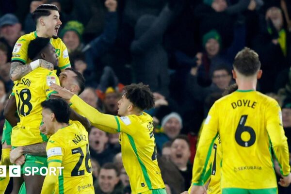 Amankwah Forson is lifted off the ground by Norwich team-mates after he scored against Coventry