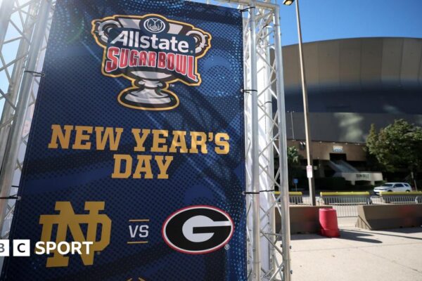 A sign for the Sugar Bowl between Georgia and Notre Dame outside the Louisiana Superdome