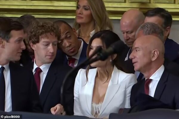 Lauren Sanchez, sitting next to husband Jeff Bezos, appears to be oggled by Mark Zuckerberg