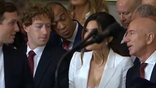 Mark Zuckerberg photographed with Lauren Sanchez and Jeff Bezos at Trump inauguration. (X/@CNviolations)