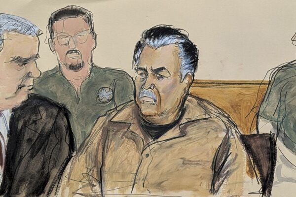 In this courtroom sketch, Ismael "El Mayo" Zambada, center, is seated beside his defense attorney Frank Perez, left, in federal court in the Brooklyn borough of New York, Sept. 13, 2024. (Elizabeth Williams via AP, File)