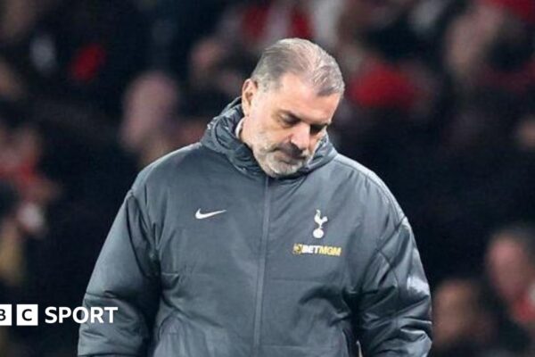 Ange Postecoglou on ‘thin ice’ at Tottenham after ‘unacceptable’ loss Ange Postecoglou looks despondent during Tottenham's loss to Arsenal
