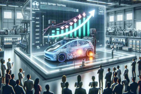 Electric Vehicle Battery Testing Market Poised for Exponential Growth An HD realistic illustration that focuses on the battery testing market of electric vehicles poised for exponential growth. The image could potentially include an intimate look inside a digital navigation of a manufacturer's testing facility. This space could have expansive battery testing equipment demonstrating advancements and innovations in technology. Perhaps there are graphical depictions of growth charts soaring high, reflecting the market's exponential growth. Spectators observing the process could be of diverse descent and gender, excited about the future of EV battery testing.