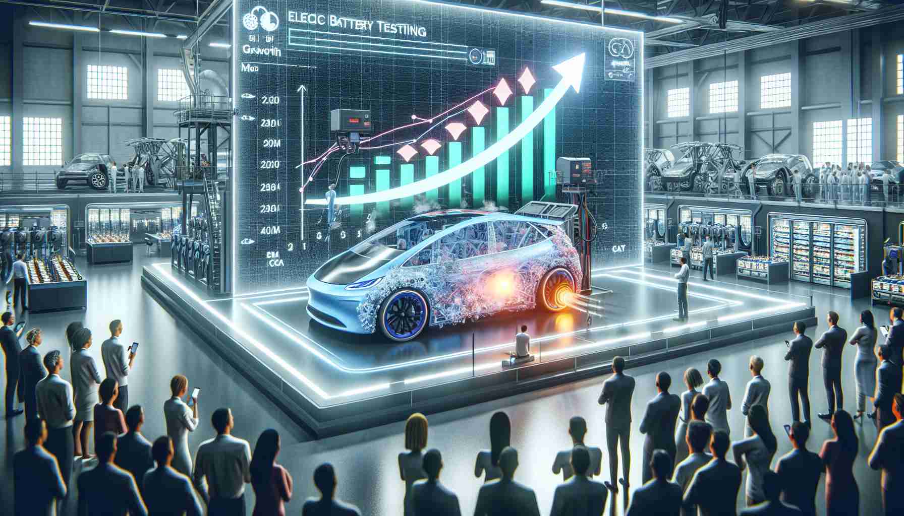 An HD realistic illustration that focuses on the battery testing market of electric vehicles poised for exponential growth. The image could potentially include an intimate look inside a digital navigation of a manufacturer's testing facility. This space could have expansive battery testing equipment demonstrating advancements and innovations in technology. Perhaps there are graphical depictions of growth charts soaring high, reflecting the market's exponential growth. Spectators observing the process could be of diverse descent and gender, excited about the future of EV battery testing.