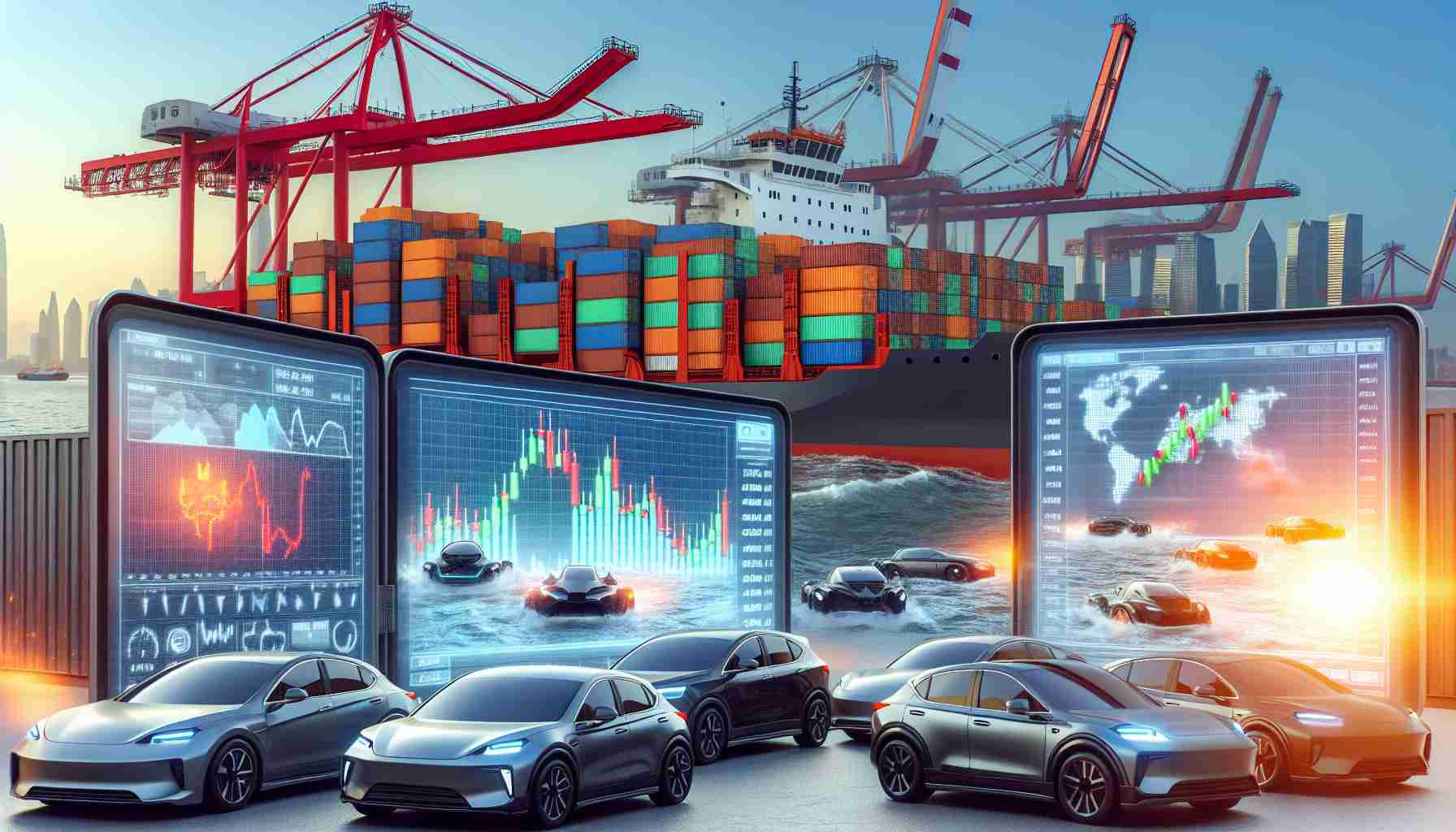 Create a high-definition, realistic illustration that represents electric vehicle exports from China. Include various container ships loaded with electric cars, set against a backdrop of a bustling Chinese port. The scene should capture the surprise of market observers, for instance, as reflected in stock market screens showing surprising gains.