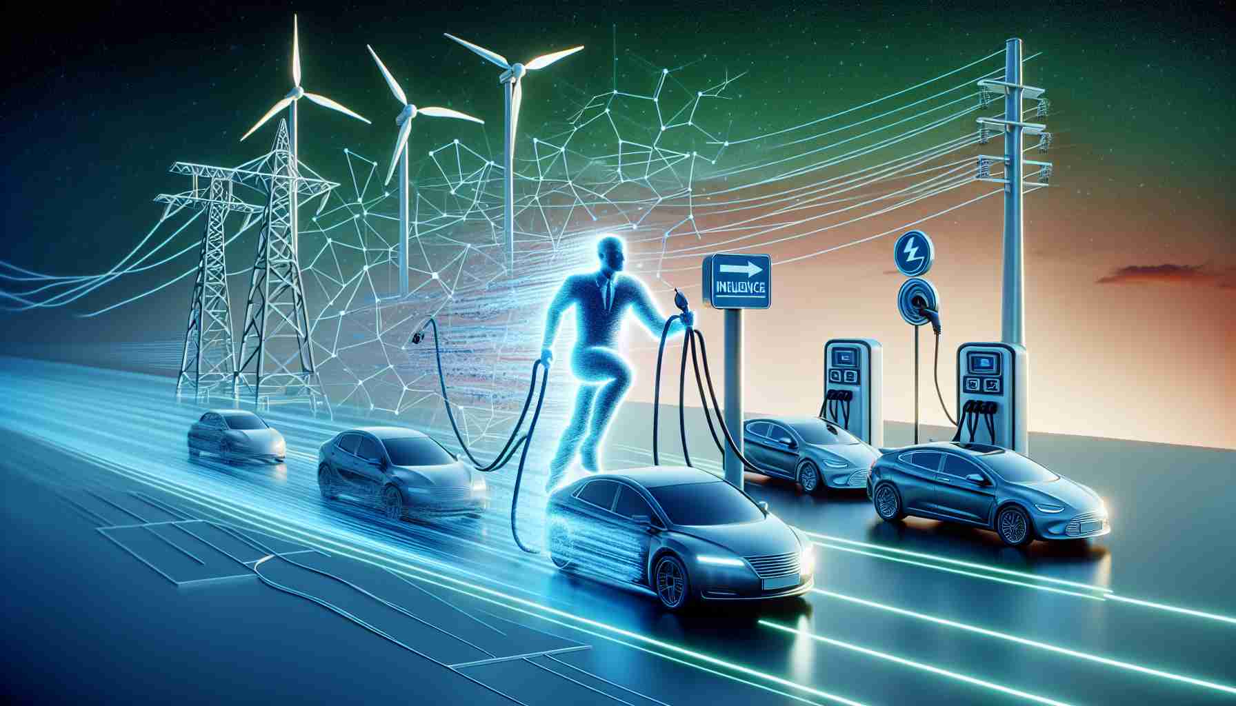 A high-definition, realistic visual representation that encapsulates the accelerating impact of a prominent politician's influence on the electric vehicle market. The image may include symbolic elements such as electric cars, charging stations, power grid, and a symbolic figure representing influence propelling it all.