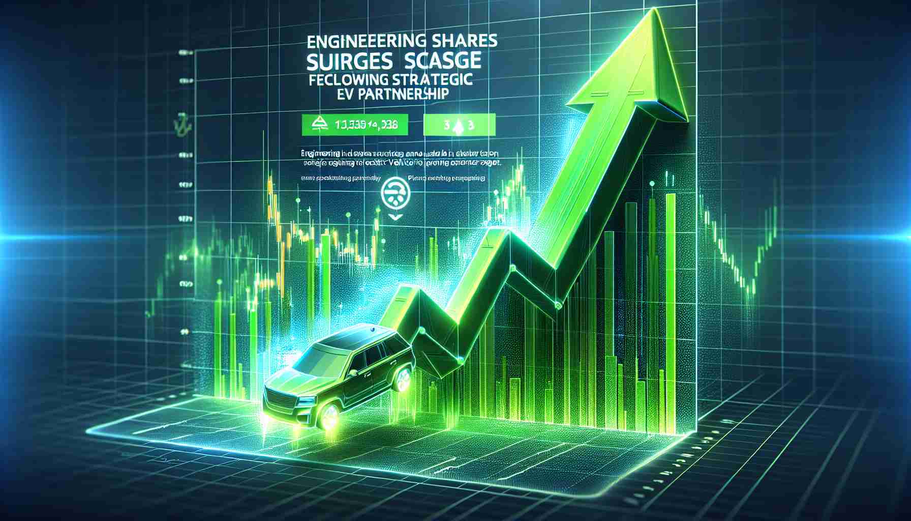 Generate a realistic HD image of a graph denoting a sudden surge in engineering stock values. The graph should show an upward trend in stock prices because of a strategic partnership announced in the Electric Vehicle (EV) segment. The colors used for the graph should be shades of green reflecting positivity in the market. Please also include a headline at the top saying 'Engineering Shares Surge Following Strategic EV Partnership'. This sudden surge is due to a recent strategic partnership with an Electric Vehicle (EV) company.