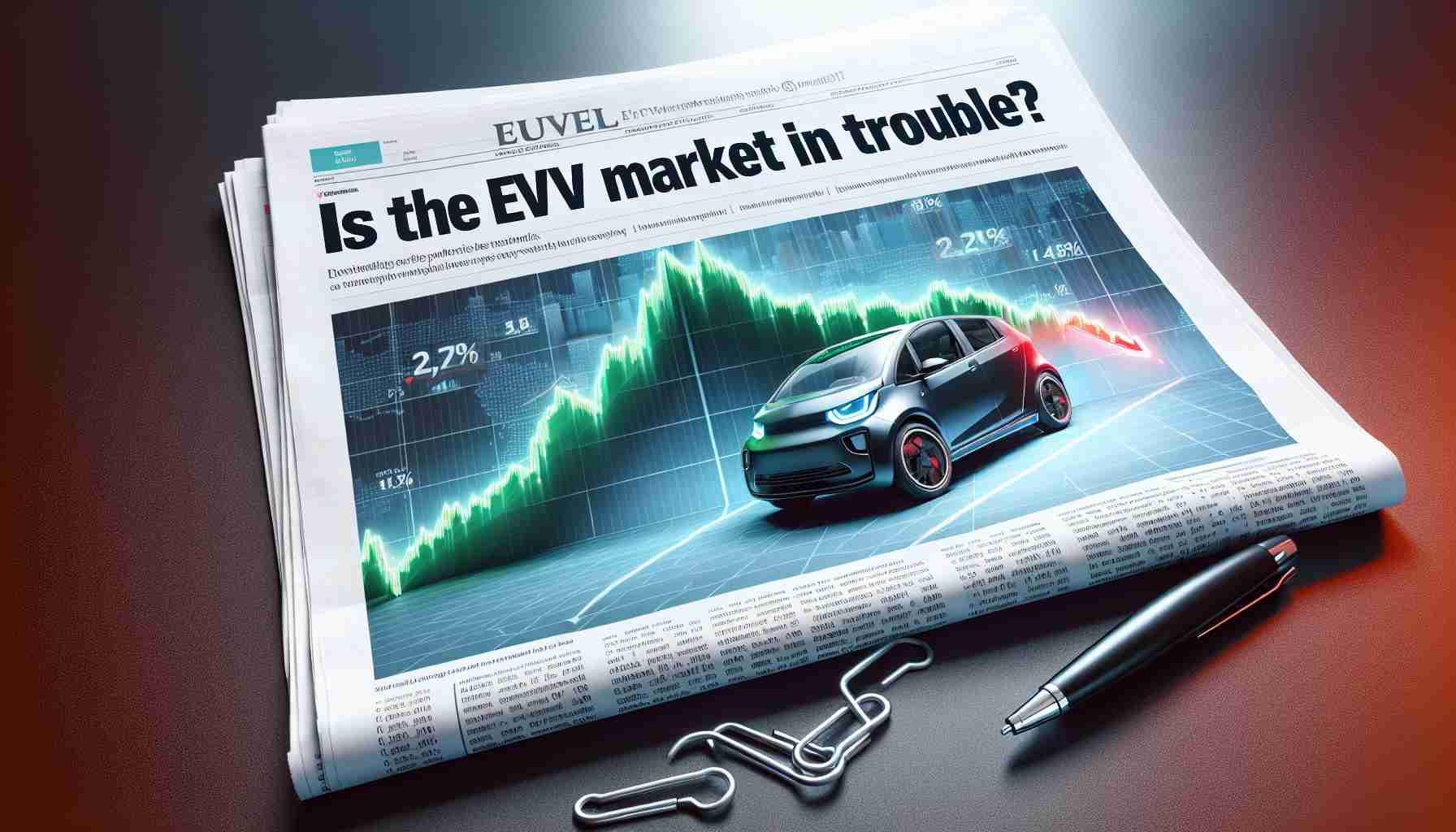 Realistic, high-definition image of a downward trending graph indicating a significant fall in the stock value of a generic electric vehicle company, accompanied by a dramatic newspaper headline that reads: 'Is the EV Market in Trouble?'