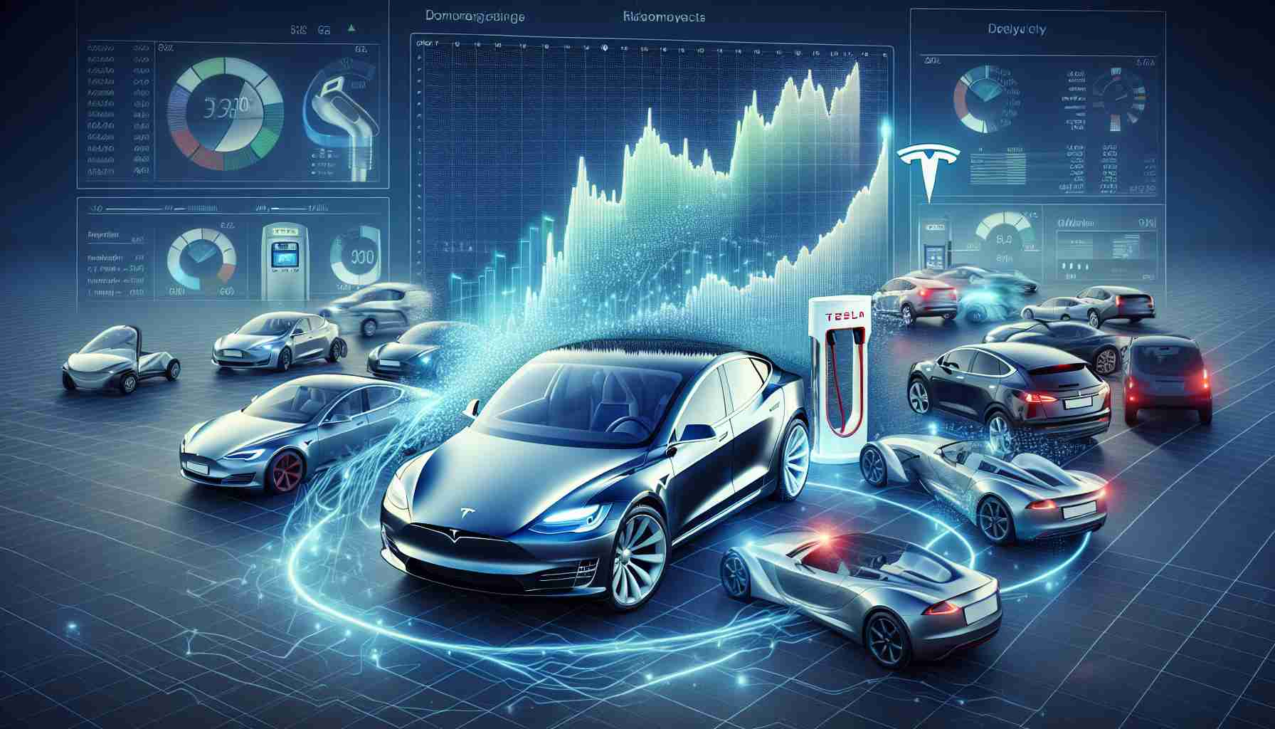 Create a realistic HD image illustrating the question 'Is Tesla still a smart investment?' and showcasing the dynamic changes occurring in the Electric Vehicle (EV) market. The image could include a graph demonstrating Tesla's share performance over time, interwoven with representations of various electric cars (non-specific brands) and charging stations to signify the growth in the EV market.