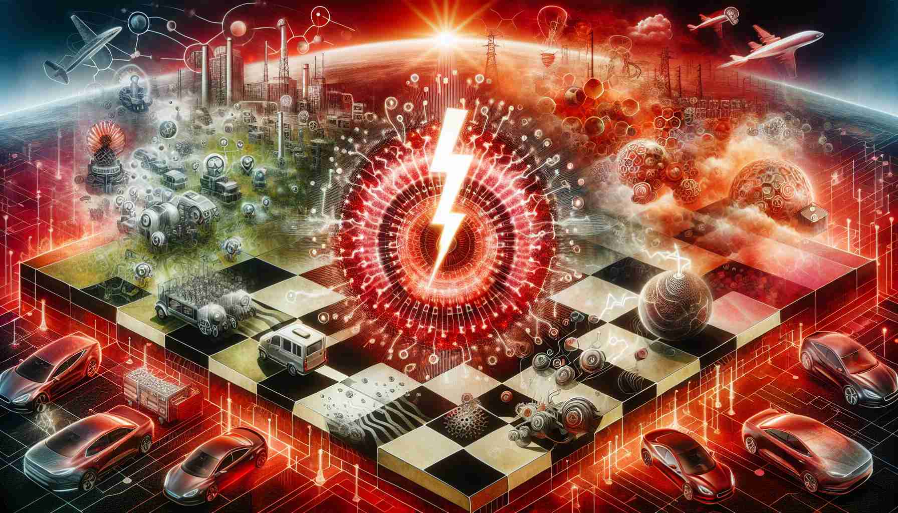 An intricately detailed, high-definition image showcasing the progression of the electric vehicle market, represented metaphorically through the visual of a large chessboard where each piece signifies a different aspect of the industry. Among those moves, the highlight is a bold strategic piece visualized with a radiating electric charge, signifying radical innovations. In the backdrop, red hues dominate the scene, as if reflecting the intense competition and rapid change. Additionally, the picture incorporates a visual nod to sustainable technologies, alluding to the use of eco-friendly materials.