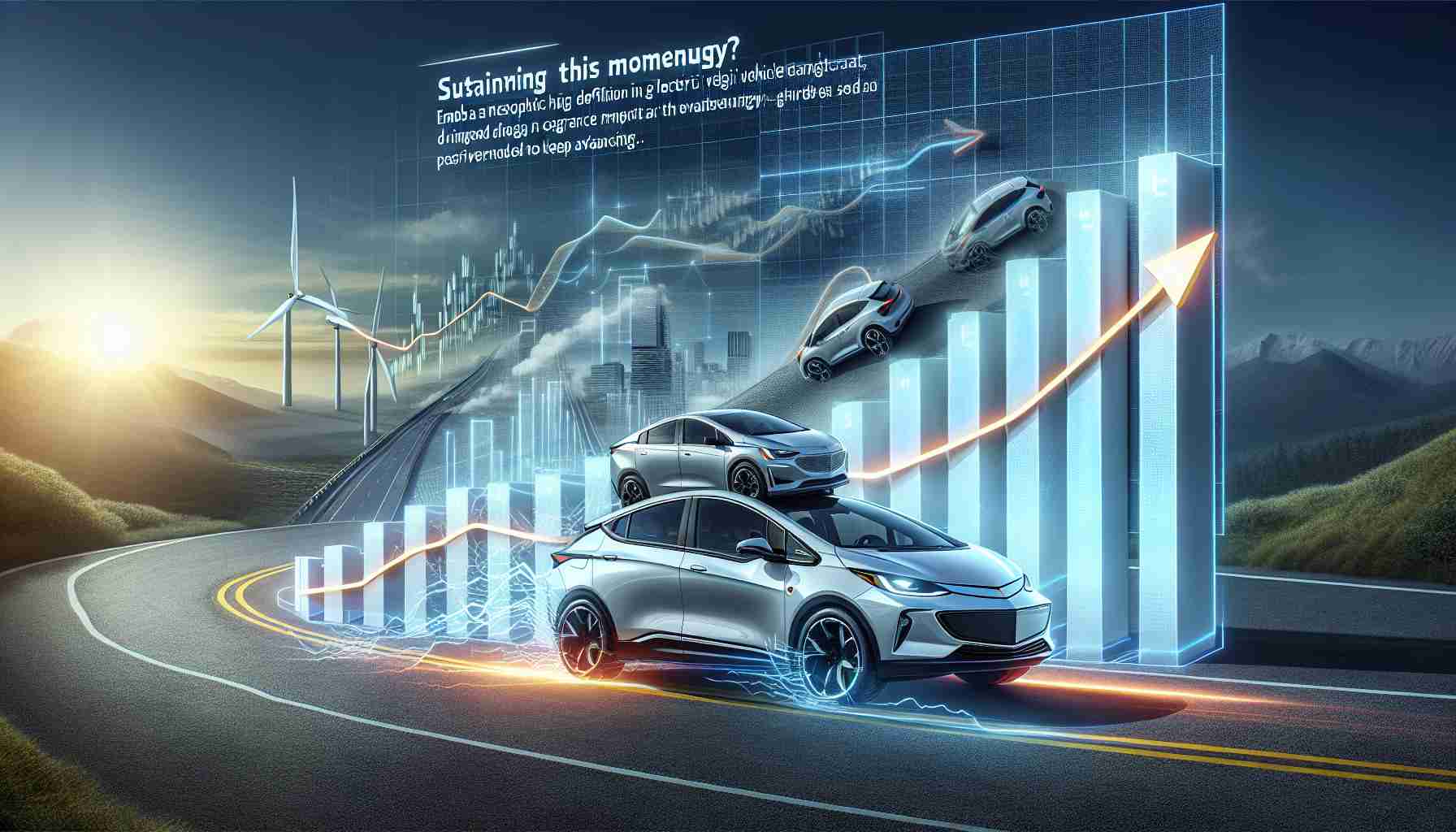 Create a realistic high-definition image depicting the concept of General Motors excelling in the electric vehicle market, implied through upgoing graphs, electric cars with GM logos, and an overall progress theme. Also, embed a metaphoric depiction of sustaining this momentum – perhaps by showing a GM electric vehicle on an uphill road, symbolizing the challenges and perseverance needed to keep advancing.