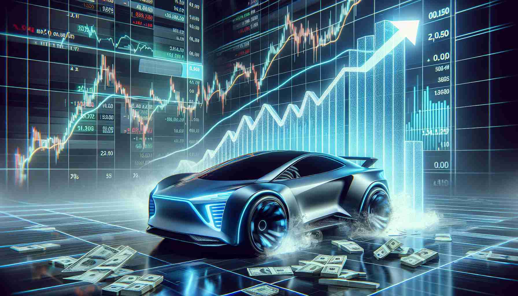 Realistically rendered, high-definition image of the stock of an anonymous futuristic electric car company surging upwards on a stock market graph. The scene should encapsulate the idea of a booming electric vehicle industry with potential to rival established companies. Please include depictions of stock charts with rising graphs to symbolize growth and success.