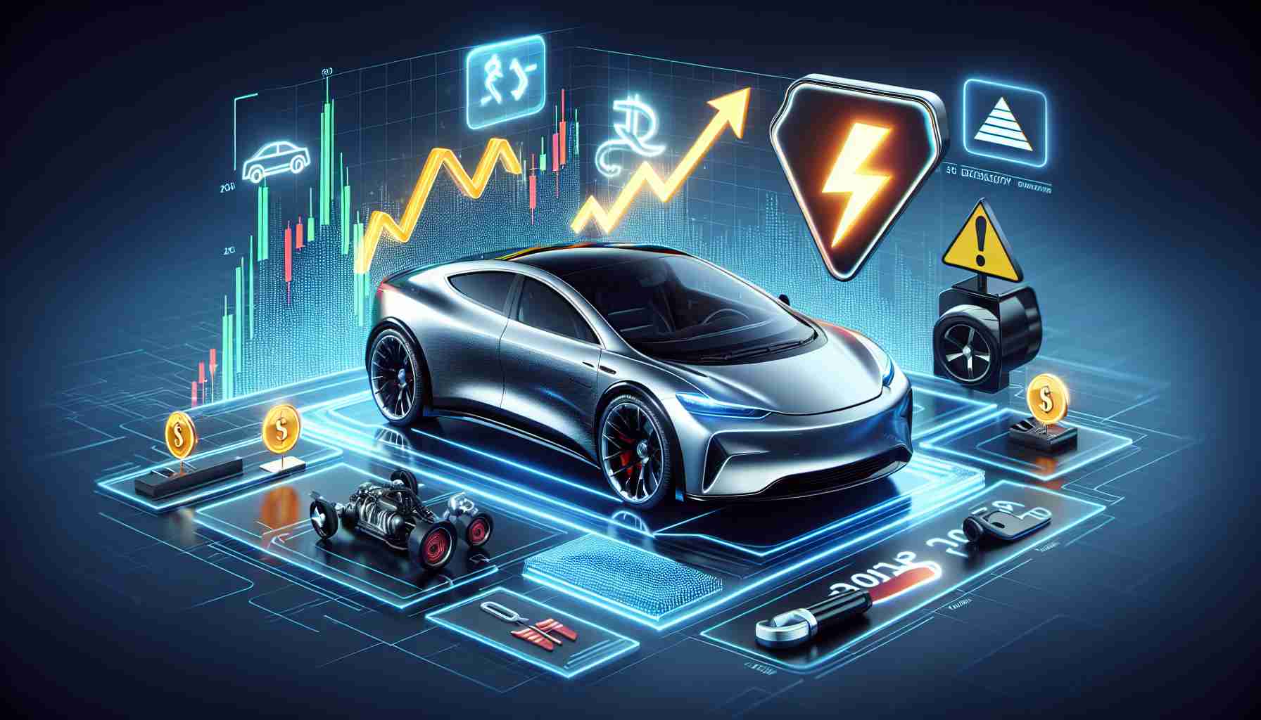 A high-definition, realistic image representing the concept of electric vehicle stocks having growth potential, with a significant symbol indicating caution or reconsideration. Include a representation of a sporty, luxury electric vehicle not specific to any brand, and visually correlate it with the concept of stock market investing using elements such as graphs, ticker symbols, and balance scales.