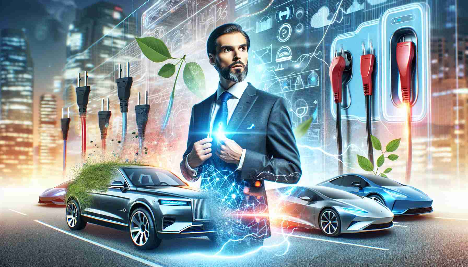 Realistic HD photo emphasizing the influence of a high-profile tech entrepreneur on the Electric Vehicle market. Surprising elements might include visuals representing the unexpected growth and advancement in the industry, possibly through the representation of various futuristic electric cars and charging stations.