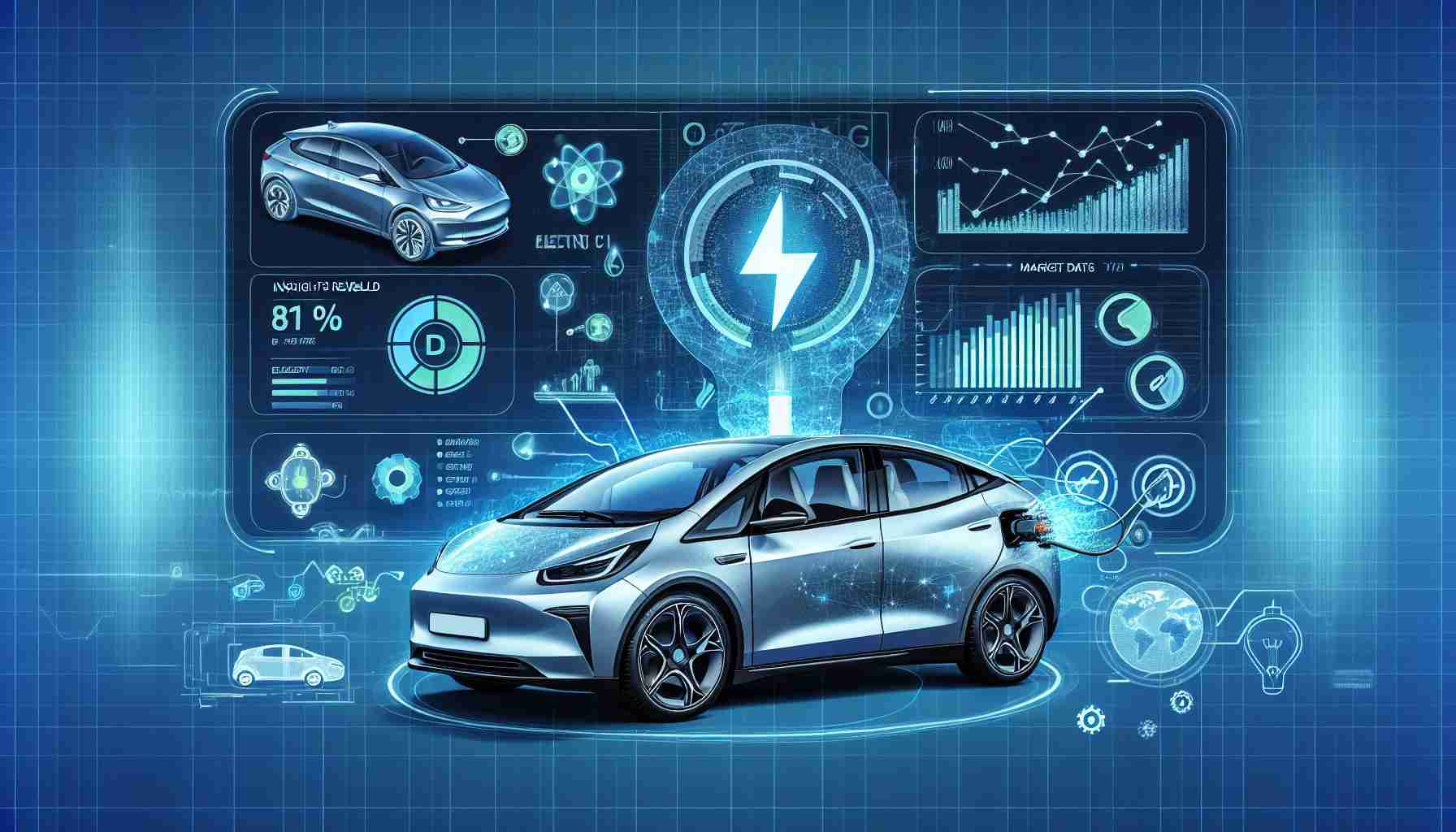 Generate a realistic HD image related to the theme 'Is a certain brand set to dominate the Electric Vehicle Market? Insights Revealed'. This should depict an electric car, possibly with logos or design elements suggesting technological advancement and dominance, alongside related indicators such as market data charts, graphs, or reports.