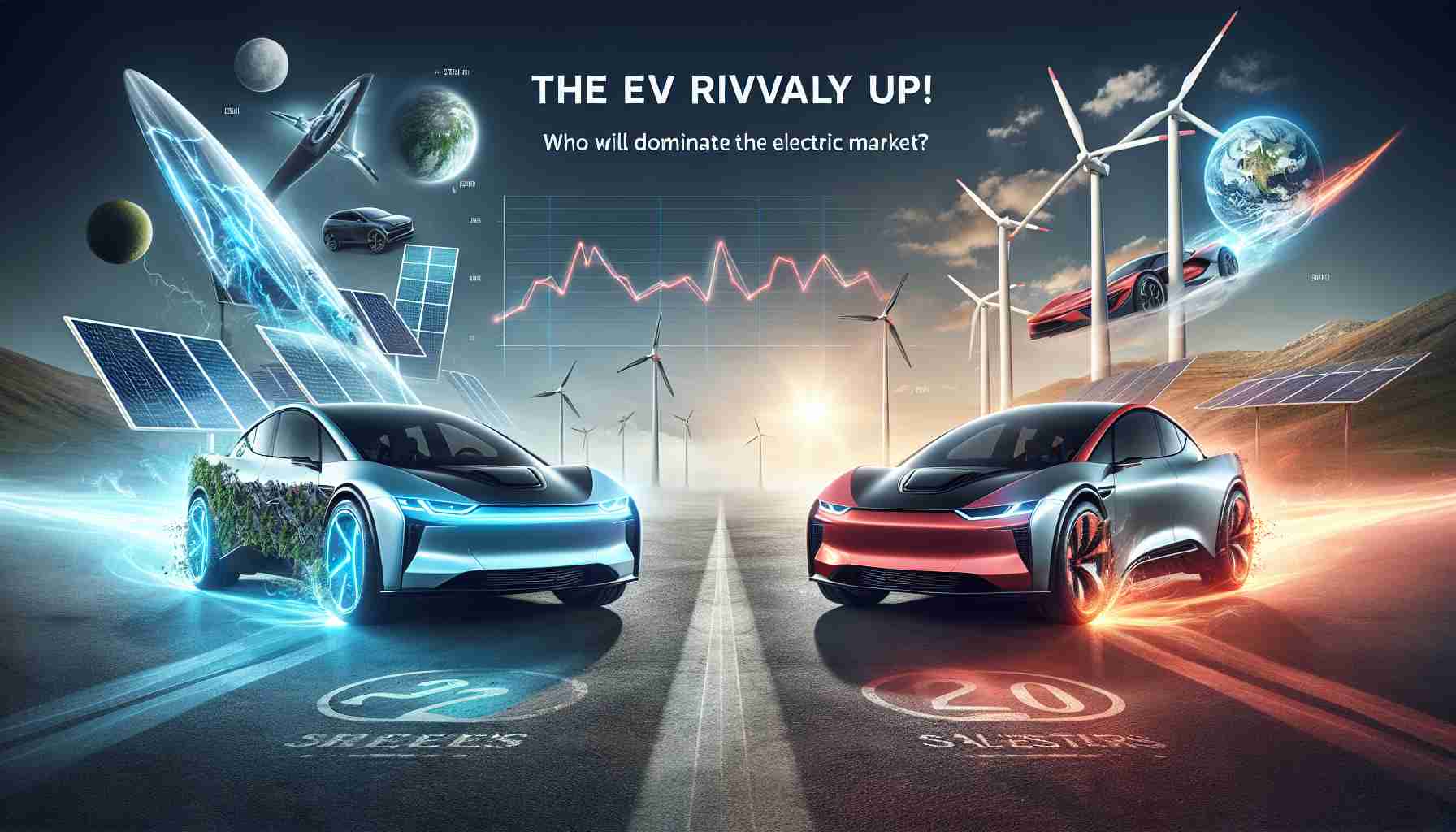 A high-definition, realistic image highlighting the rivalry in the electric vehicle market. The scene should depict two distinct, futuristic yet, non-specific electric cars with cutting-edge designs standing facing each other as if ready for a race, implying competition. One car embodies a cool-blue, technology-driven aesthetic, and the other a vibrant-red, speed-focused aesthetic. They are set against a backdrop of soaring sales charts and environmental imagery synonymous with clean energy like wind turbines, solar panels. Overlay the image with slightly transparent text that says: 'The EV Rivalry Heats Up! Who Will Dominate the Electric Market?'