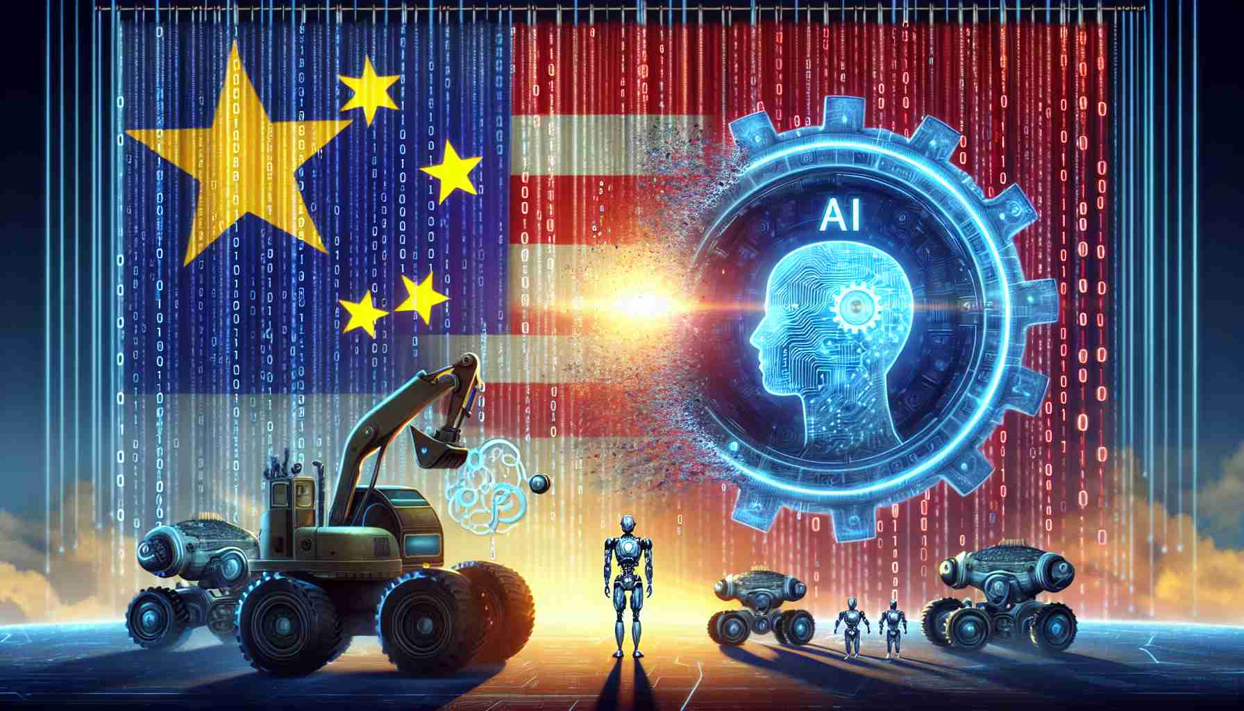 Realistic high-definition illustration of a metaphorical scene presenting China's AI revolution disrupting American giants. This may include symbolic visuals like gears, binary code, robots, silhouettes of tech companies. Keep in mind to avoid any direct reference or resemblance to existing company logos or emblems.