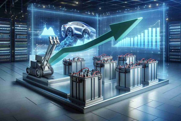 EV Battery Testing Market Set for Exponential Growth Amid Rising Demand A high-definition, realistic graphic of the electric vehicle battery testing market poised for tremendous expansion due to surging demand. The image should show a large line chart demonstrating the projected exponential growth, alongside three dimensional batteries being tested using modern equipment. The scene should depict a futuristic environment, implying advanced battery testing techniques and technologies.