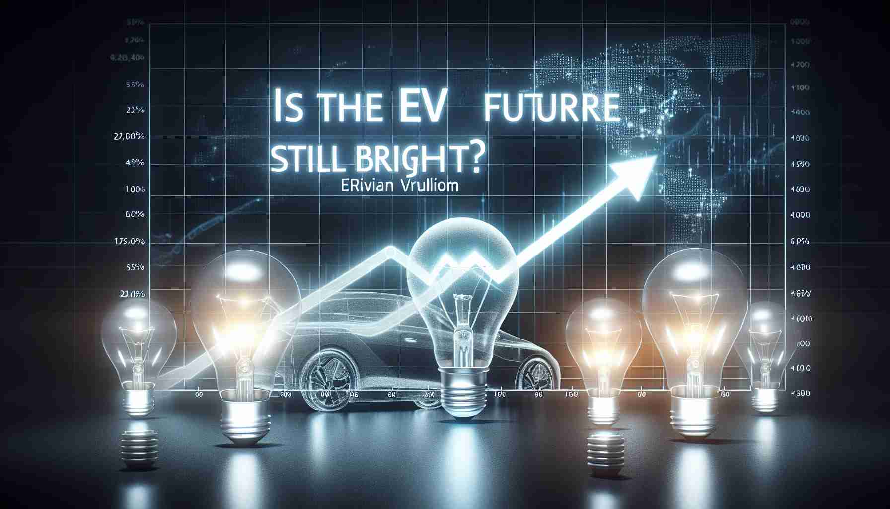 A high-definition illustration of a stock market chart, displaying a significant upward trend. The name 'Rivian' is clearly indicated on the x-axis. Alongside this, there are light bulbs, some glowing brightly, others dimmed. This reflects the question about the Future of Electric Vehicles (EVs). The text 'Is the EV Future Still Bright?' is displayed prominently.