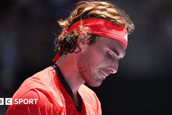 Stefanos Tsitsipas reacts to a missed point