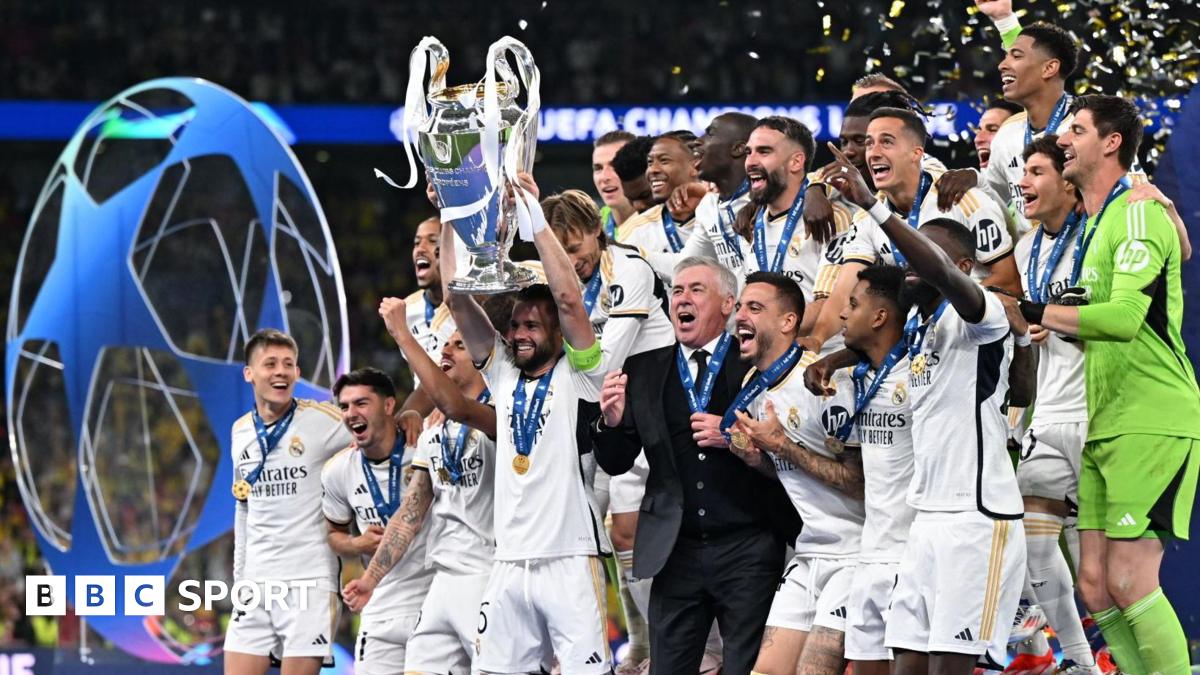 Real Madrid celebrate with the 2023-24 Champions League trophy