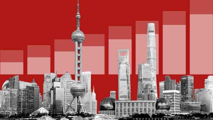 A montage of the Shanghai skyline and a chart going up